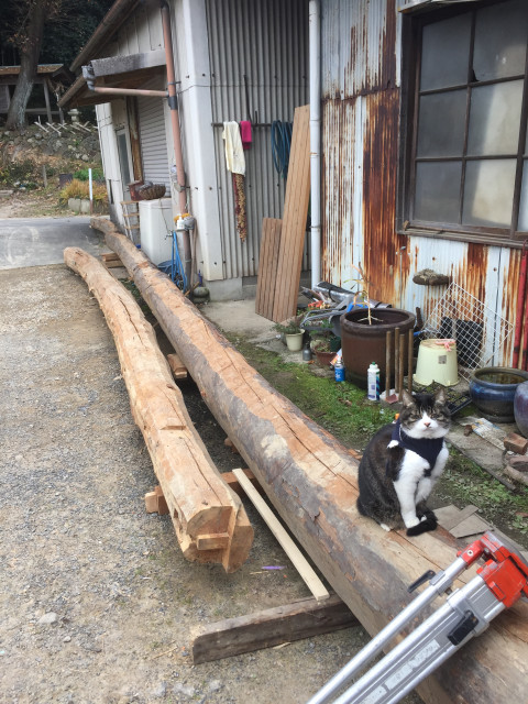 母屋に使われていた梁材をカウンターにして使う estilo-craftsman