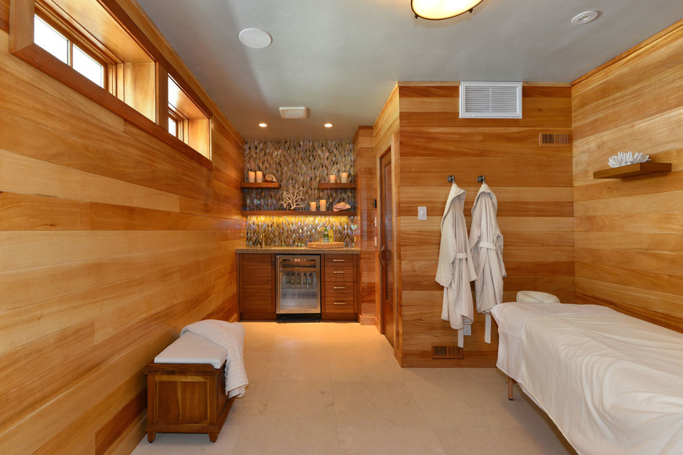 Inspiration for a beach style bathroom in San Diego with medium wood cabinets, with a sauna and flat-panel cabinets.