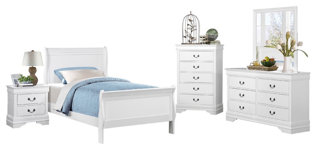5 Piece Modern Full Sleigh Bed Dresser Mirror Nightstand Chest White Traditional Bedroom Furniture Sets By Amoc