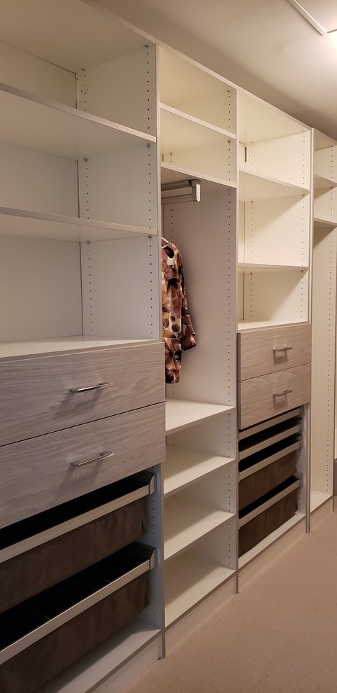 This is an example of a large modern gender-neutral walk-in wardrobe in Vancouver with flat-panel cabinets and grey cabinets.