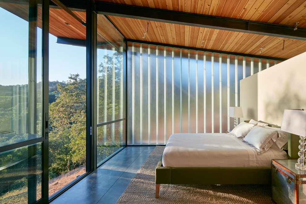 Example of a minimalist master concrete floor and gray floor bedroom design in San Francisco with beige walls and no fireplace