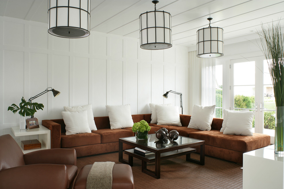 Design ideas for a transitional formal living room in New York with white walls.