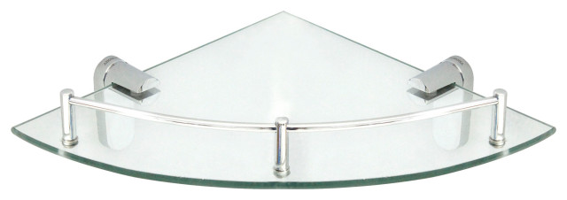 MODONA's 10.5" Glass Corner Shelf With Rail, Polished Chrome