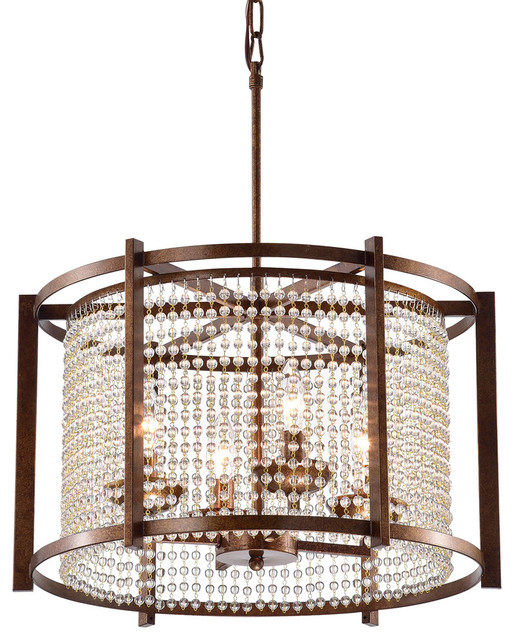 4 Light Rustic Finish Round Crystal Chandelier With Glass Beaded