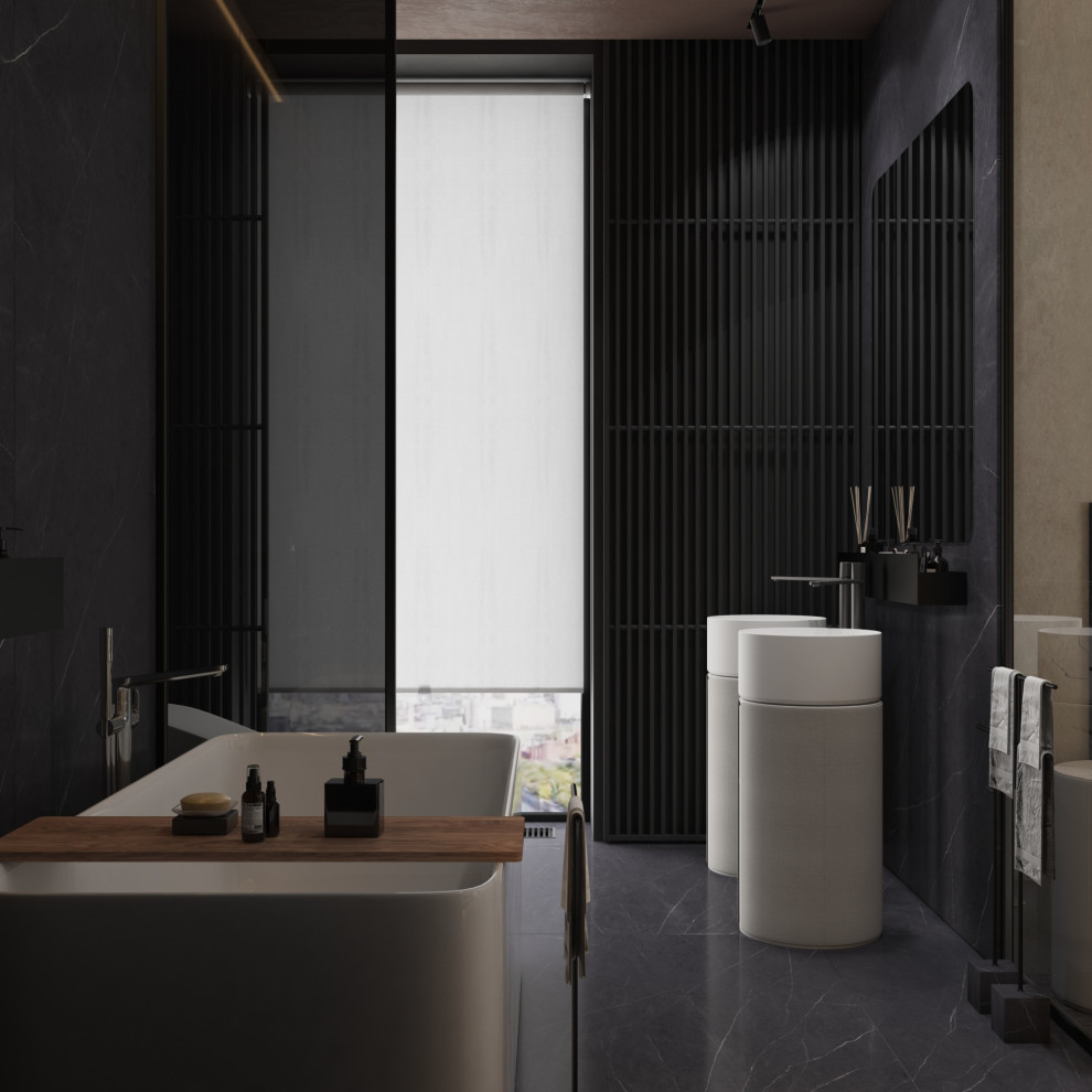 Inspiration pour une salle de bain principale design de taille moyenne avec des portes de placard blanches, une baignoire indépendante, WC suspendus, un carrelage noir, du carrelage en marbre, un mur marron, un sol en carrelage de porcelaine, un sol noir, une fenêtre et meuble double vasque.