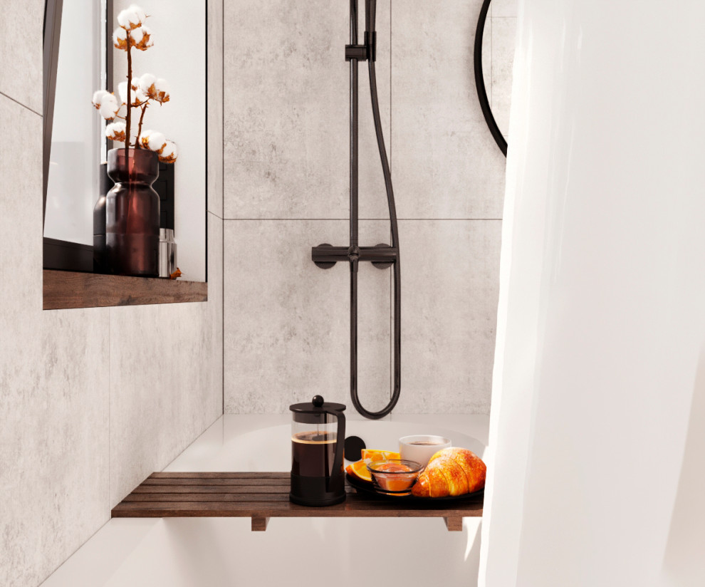 This is an example of a mid-sized scandinavian master bathroom in Other with beaded inset cabinets, beige cabinets, an alcove tub, a shower/bathtub combo, a wall-mount toilet, gray tile, grey walls, porcelain floors, wood benchtops, grey floor, a shower curtain, brown benchtops, an enclosed toilet, a single vanity and a floating vanity.