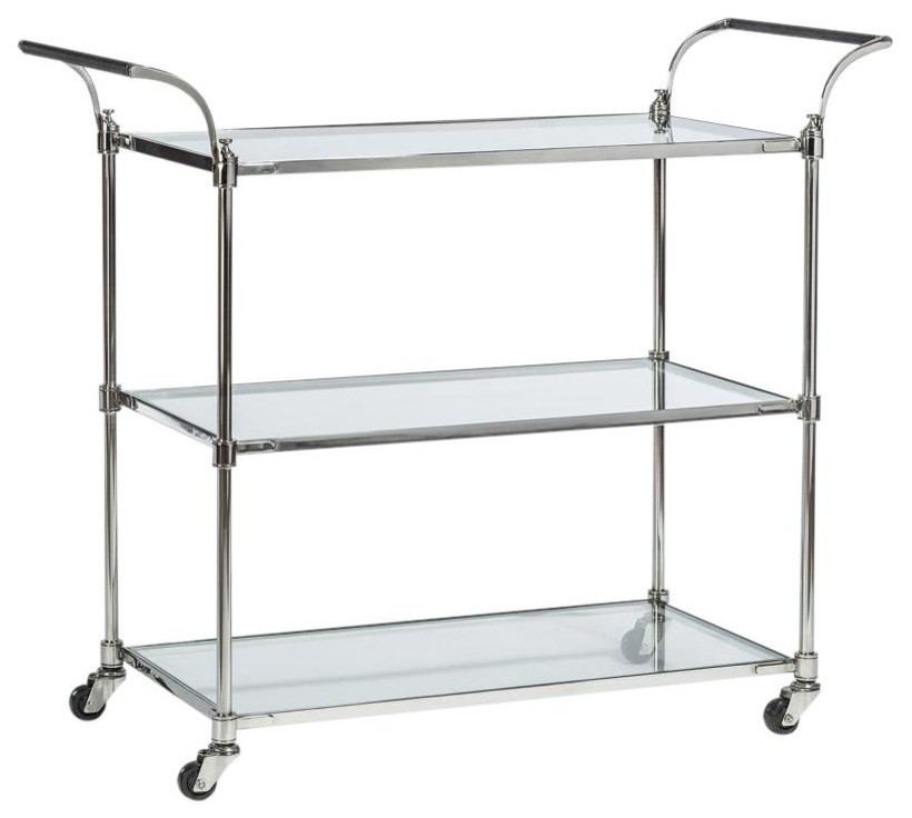 Bar Cart Wakefield Polished Chrome Glass Metal Sleek 3 Shelves