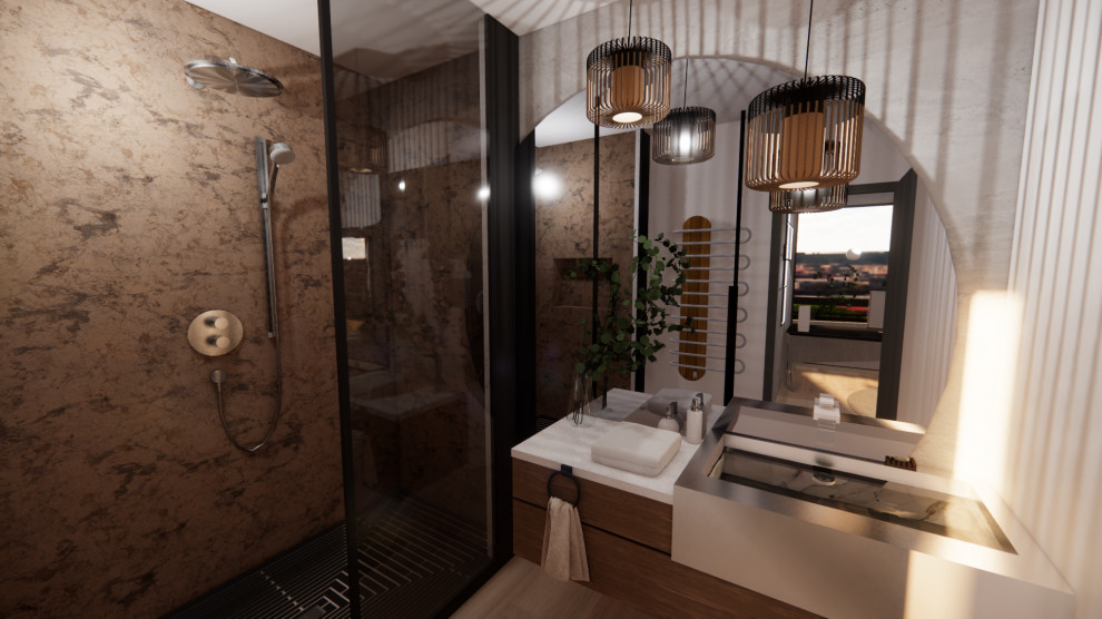 Idéer för mellanstora eklektiska badrum, med en kantlös dusch, en toalettstol med separat cisternkåpa, brun kakel, marmorkakel, grå väggar, ljust trägolv, ett avlångt handfat och beiget golv