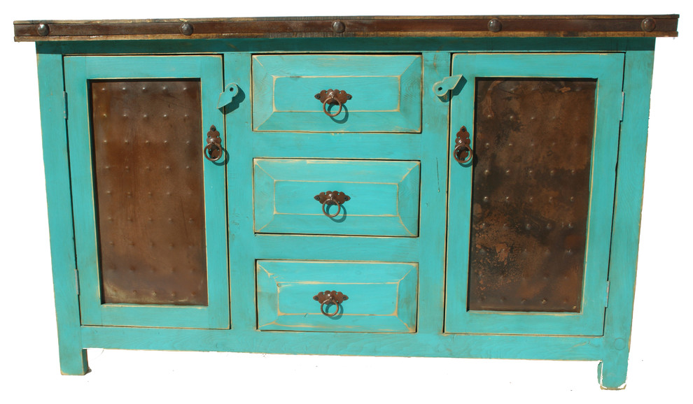 Alamo Rustic Turquoise Bathroom Vanity 3 Drawer Metal Doors, 48"x22"x36" Bathroom Vanities And