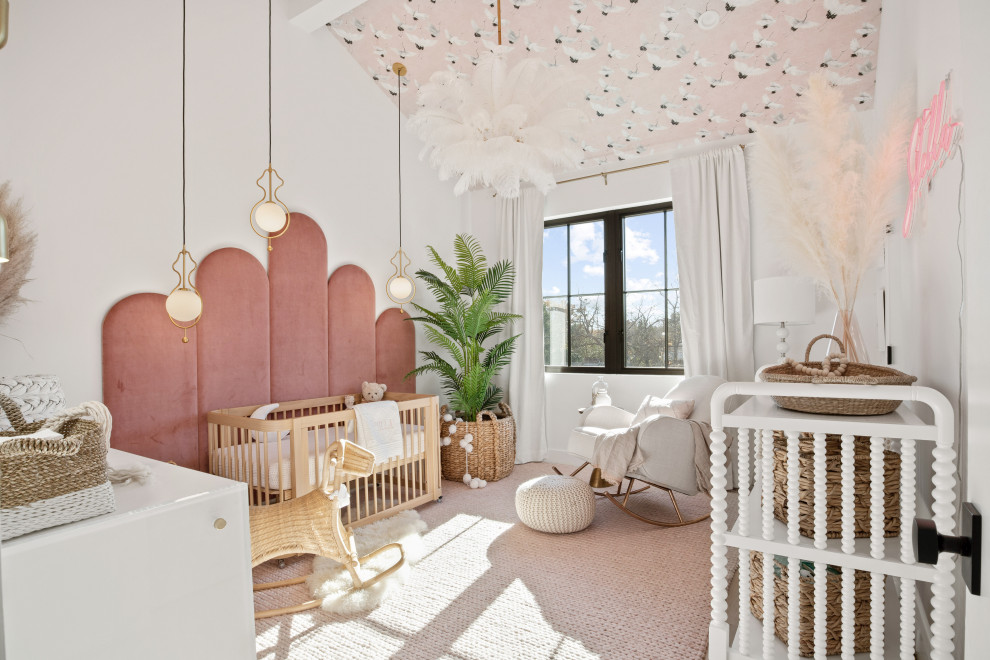 Dani Austin Nursery Project - Check out our latest nursery room project for lifestyle influencer Dani Austin. Art deco meets Palm Springs baby! This room is full of whimsy and charm. Soft plush velvet, a feathery chandelier, and pale nit rug add loads of texture to this room.  We could not be more in love with how it turned out!