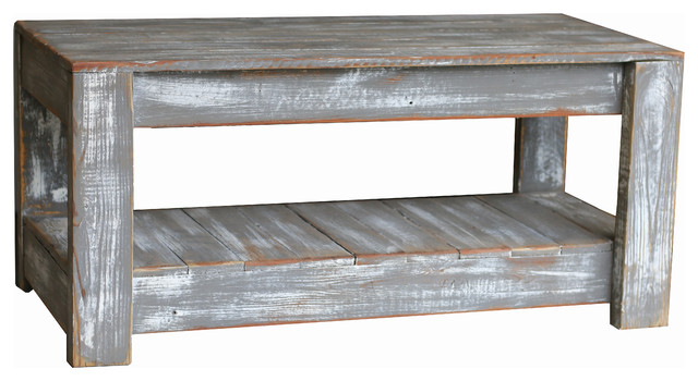 Weathered Gray Coffee Table With Shelf Farmhouse