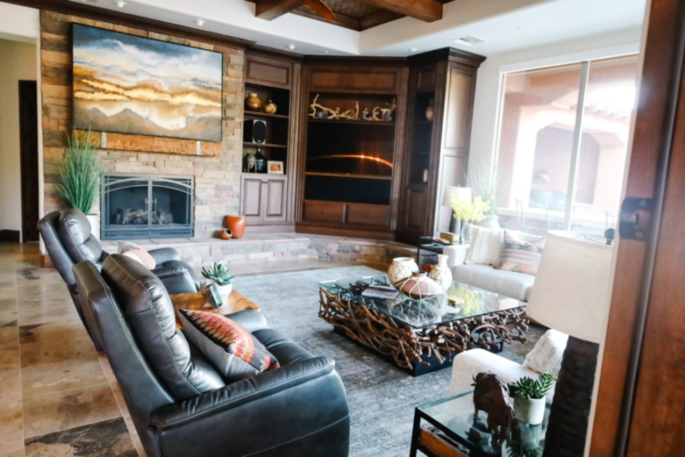 Design ideas for an expansive transitional open concept family room in Phoenix with travertine floors and wood.