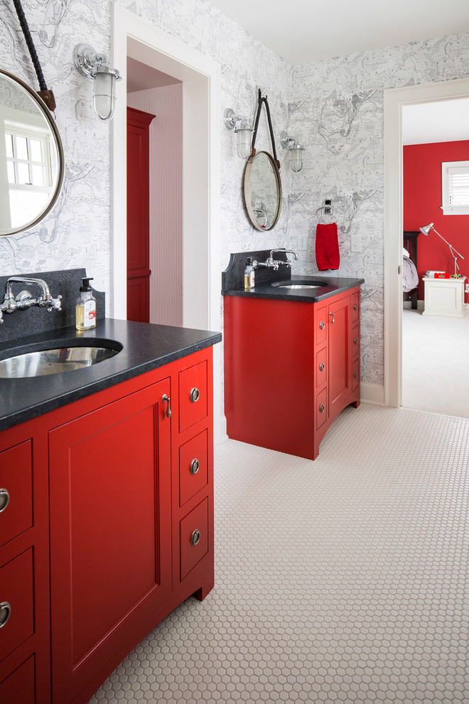 Design ideas for a small transitional kids bathroom in Minneapolis with multi-coloured walls, furniture-like cabinets, red cabinets, black tile, mosaic tile floors, an undermount sink, granite benchtops, white floor and black benchtops.