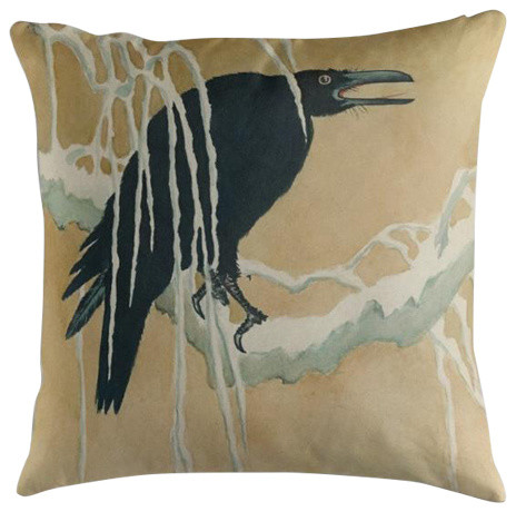 "Blackbird in Snow" Japanese Print Cushion, 50x50 cm