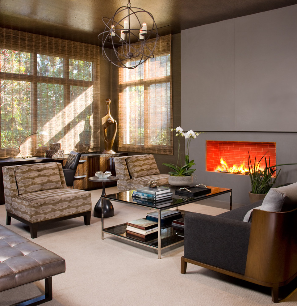 Inspiration for a large modern living room in San Diego with a ribbon fireplace.
