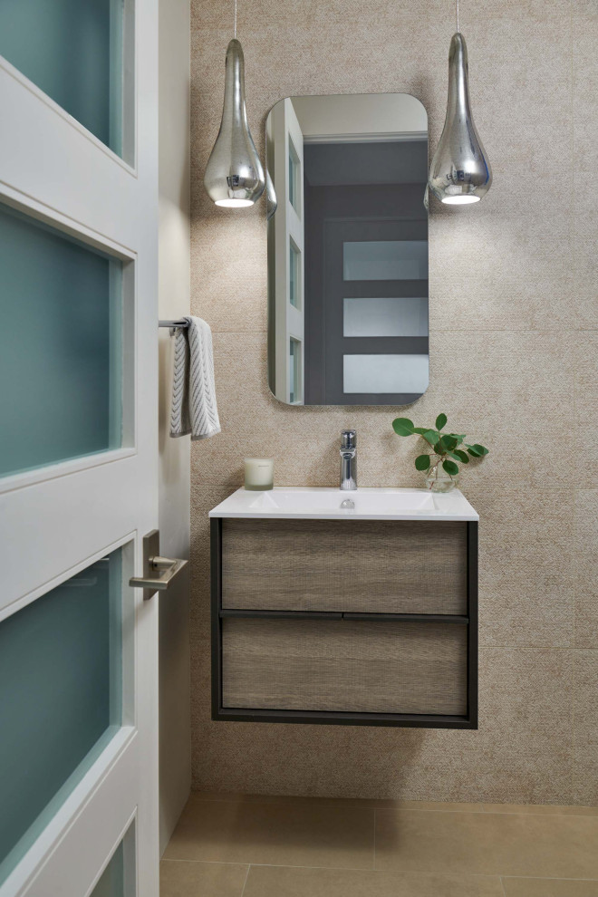 This is an example of a small contemporary powder room in Denver with flat-panel cabinets, medium wood cabinets, cement tile, grey walls, porcelain floors, an integrated sink, solid surface benchtops, beige floor, white benchtops and a floating vanity.