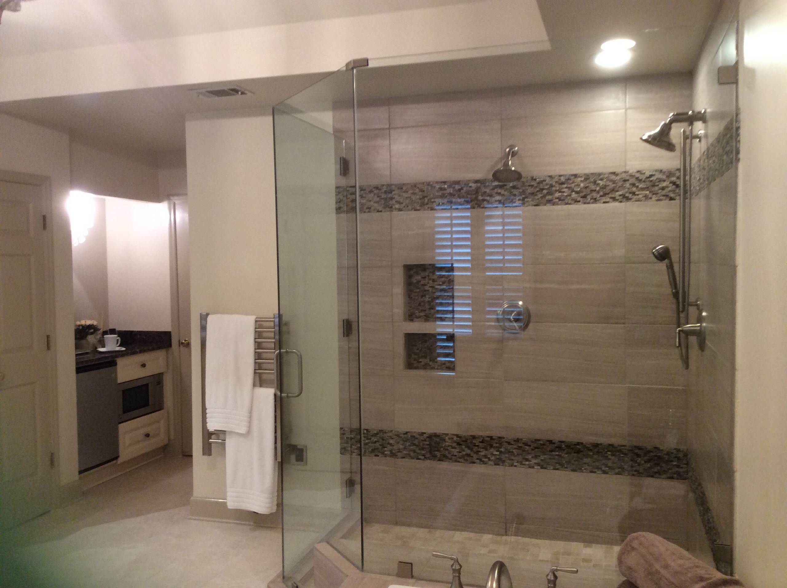 Transitional master bath with morning kitchen