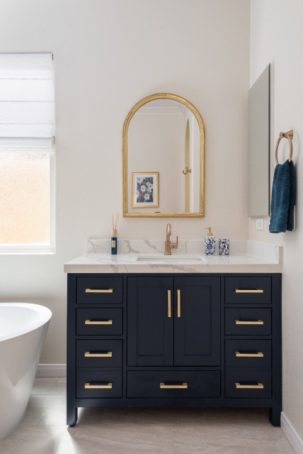 Blue Vanity with Marble Countertops and Champagne Bronze Fixtures -  Transitional - Bathroom - San Diego - by Classic Home Improvements | Houzz