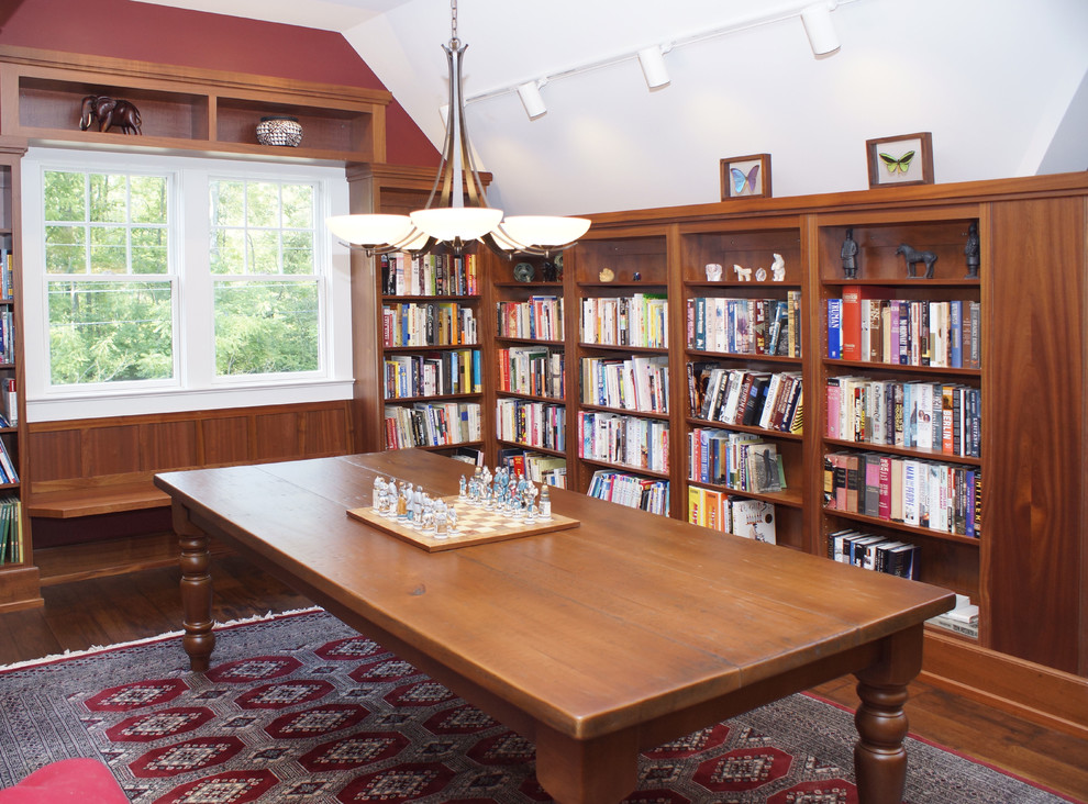 Mid-sized arts and crafts open concept family room in Other with a library, white walls and dark hardwood floors.