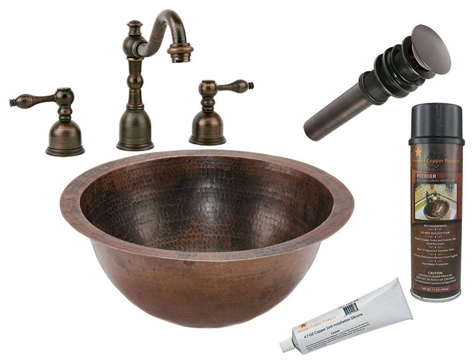 14" Small Round Under Counter Hammered Copper Sink Pack-2 With Accessories