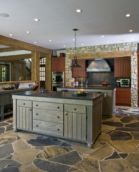 Rustic Kitchen Features Red And Grey Stained Cabinetry And