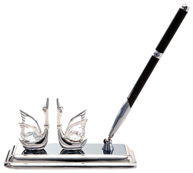 Silver Plated Executive Desk Set With Crystal Topped Pen And Silver ...