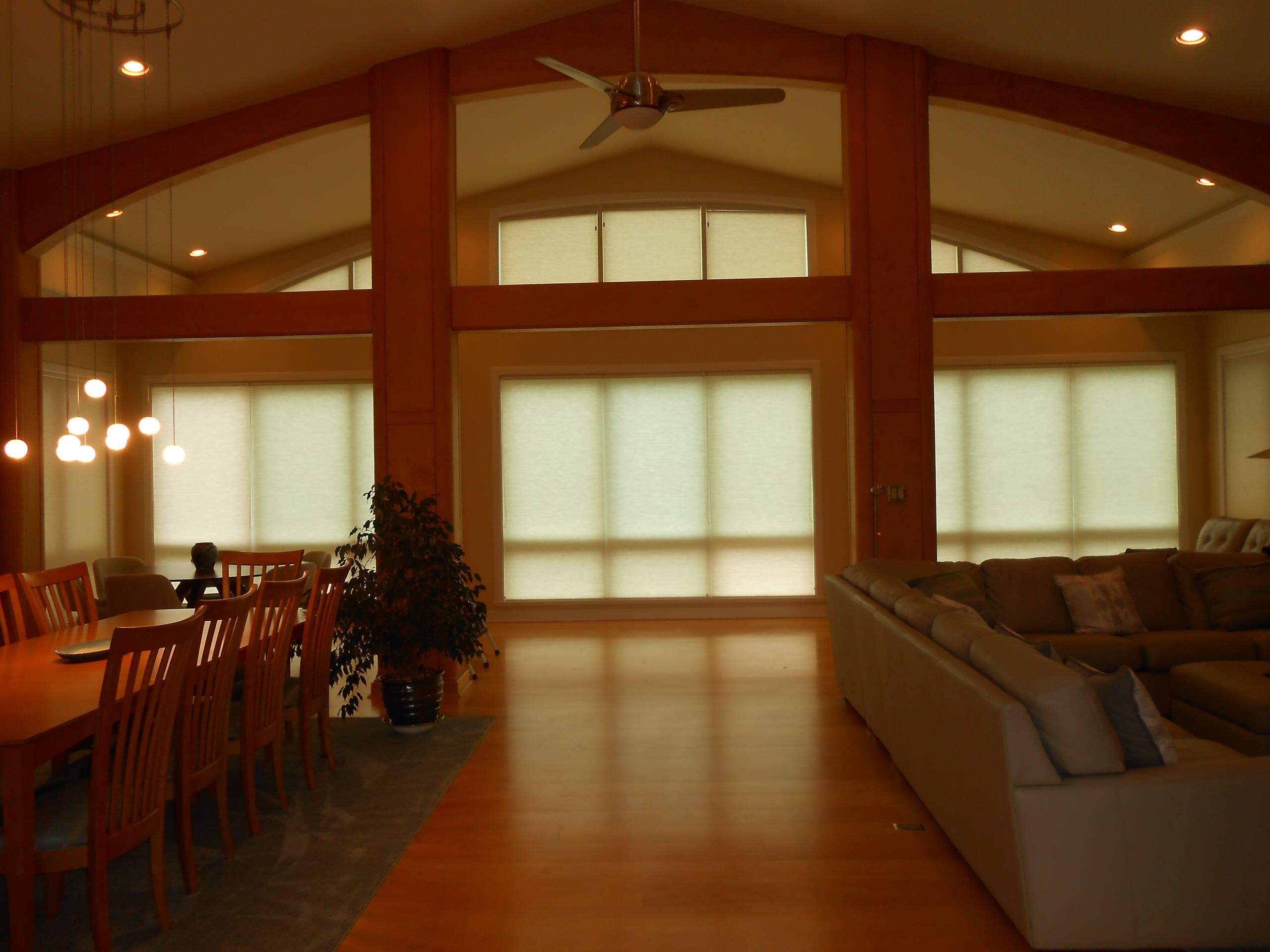 Cellular Shade in Great Room with Architectural Accent Windows