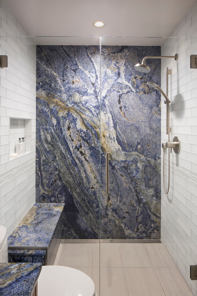 Mid-sized contemporary master bathroom in Los Angeles with an alcove shower, blue tile, white tile, white walls, a hinged shower door, a niche and a shower seat.