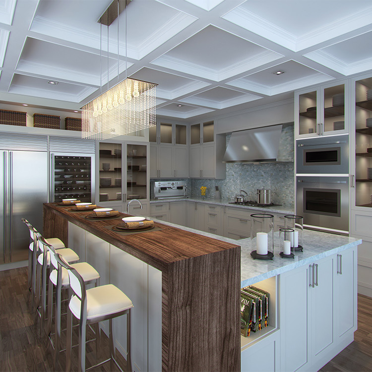 Inspiration for a mid-sized transitional l-shaped medium tone wood floor enclosed kitchen remodel in Toronto with glass-front cabinets, beige cabinets, marble countertops, blue backsplash, stone slab backsplash, stainless steel appliances and an island