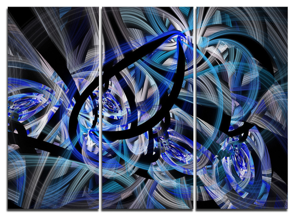 "Symmetrical Spiral Blue Flower" Metal Wall Art, 3 Panels, 36"x28", 36