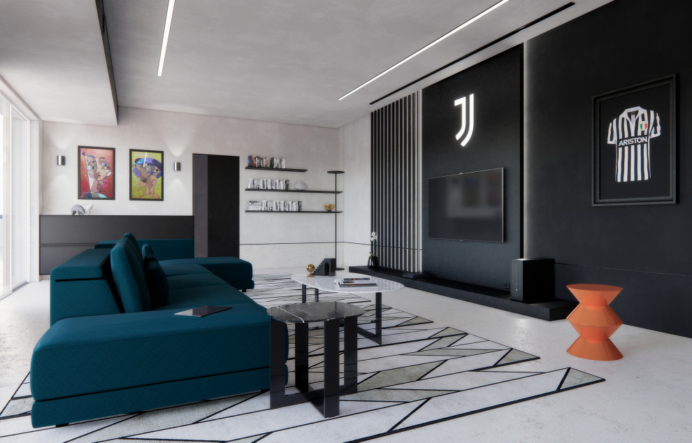 Imagen de salón para visitas tipo loft contemporáneo grande con paredes negras, suelo de cemento, televisor retractable, suelo gris y bandeja