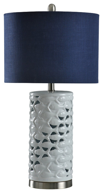 School of Fish Cylindrical Table Lamp, White,Silver,Sand, Navy Blue