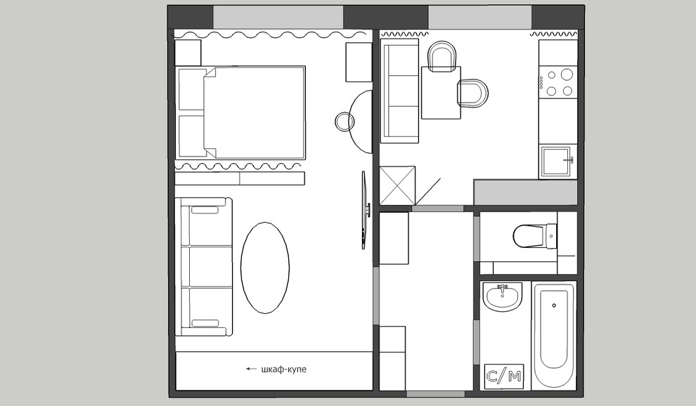 Пример расстановки мебели 1к квартира 33 кв.м