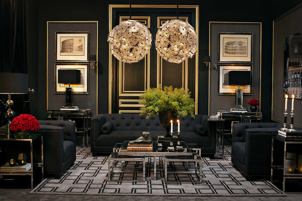 Mid-sized contemporary formal open concept living room in Miami with black walls, carpet, no fireplace and no tv.