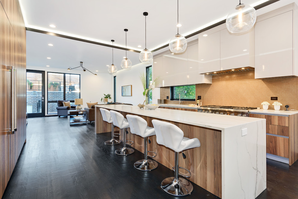 Contemporary galley kitchen in Chicago with flat-panel cabinets, white cabinets, orange splashback, mosaic tile splashback, stainless steel appliances, dark hardwood floors, with island and brown floor.