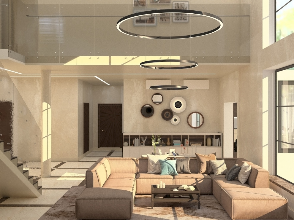 Гостиная и кухня в загородном доме