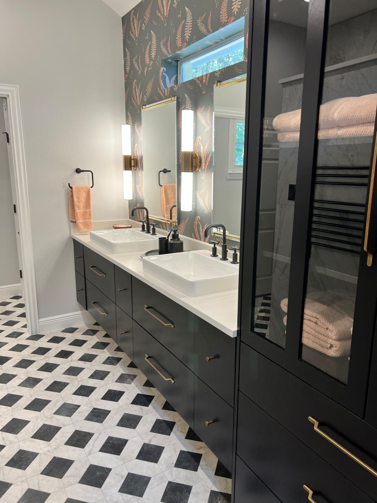 Mid-sized transitional master bathroom in Austin with flat-panel cabinets, dark wood cabinets, an open shower, a two-piece toilet, gray tile, porcelain tile, grey walls, porcelain floors, a console sink, engineered quartz benchtops, multi-coloured floor, an open shower, white benchtops, an enclosed toilet, a double vanity and a floating vanity.