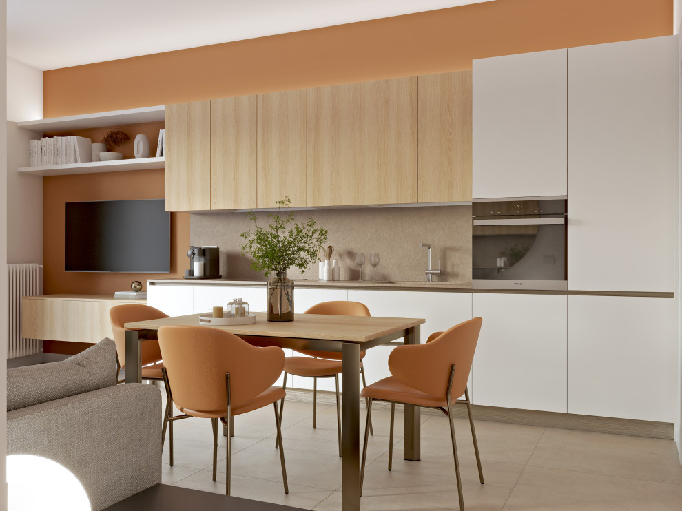 Photo of a small contemporary single-wall open plan kitchen in Milan with an integrated sink, flat-panel cabinets, light wood cabinets, quartz benchtops, brown splashback, engineered quartz splashback, stainless steel appliances, porcelain floors, no island, brown floor, brown benchtop and recessed.