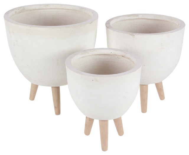 Modern Round Fiber Clay Planters With Wooden Legs 3 Piece Set White Modern Round Fiber Clay Planters With Wooden Legs 3 Piece Set White