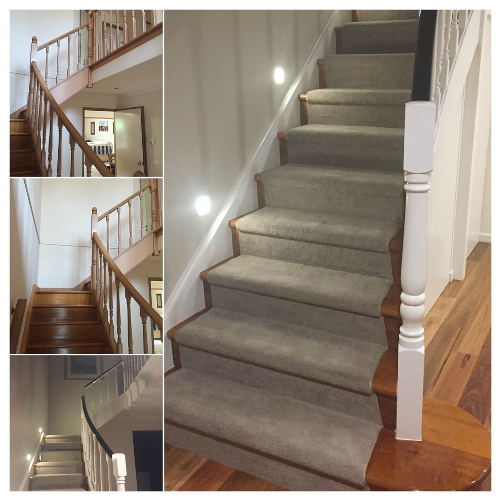 Design ideas for a small modern carpeted l-shaped staircase in Melbourne with carpet risers and wood railing.