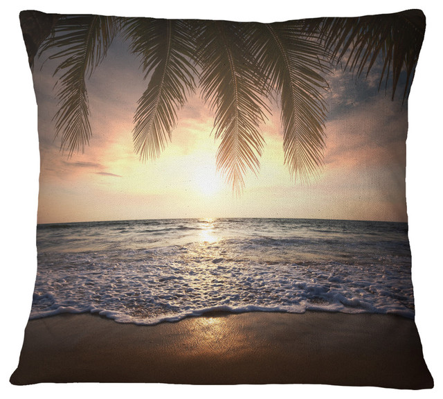 Tropical Beach With Palm Leaves Seashore Throw Pillow Tropical