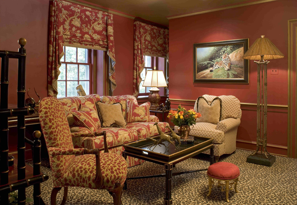 Inspiration for an eclectic family room in Philadelphia with red walls.