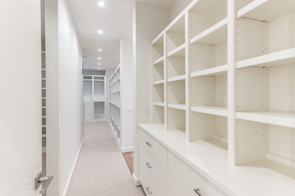 Photo of a mid-sized contemporary gender-neutral walk-in wardrobe in Houston with flat-panel cabinets, white cabinets, carpet and beige floor.