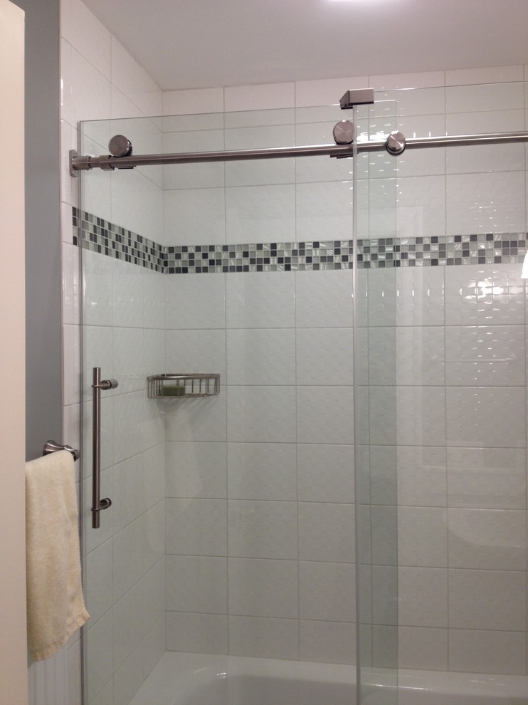Small transitional kids' white tile and ceramic tile porcelain tile alcove bathtub photo with a pedestal sink and gray walls