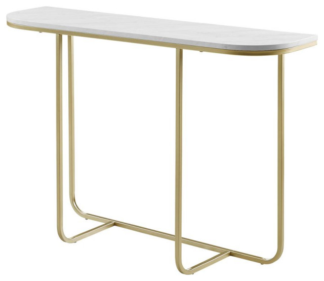 44" Modern Curved Entry Table White Faux Marble/Gold Transitional