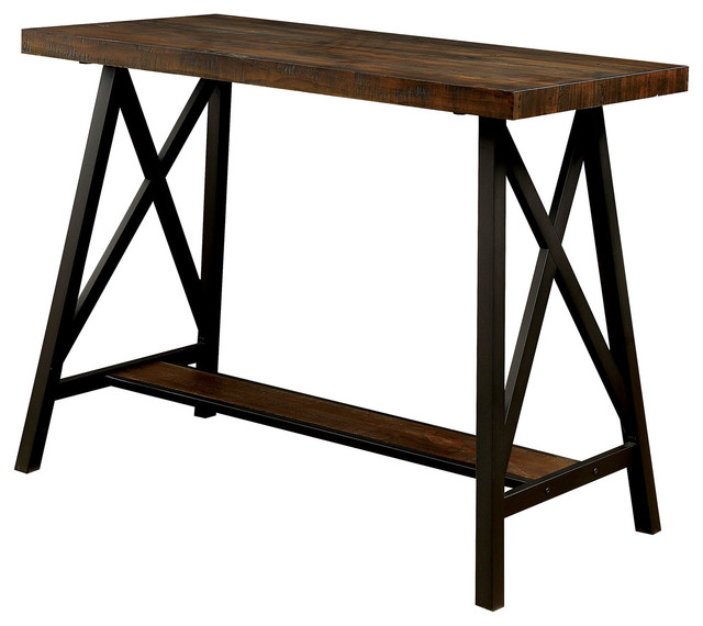 Wooden Counter Height Table With Angled Metal Legs, Black And Brown