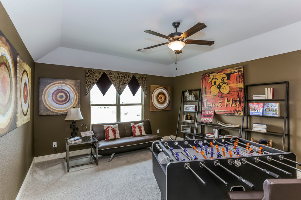 Photo of a large transitional enclosed family room in Houston with a game room, brown walls and carpet.