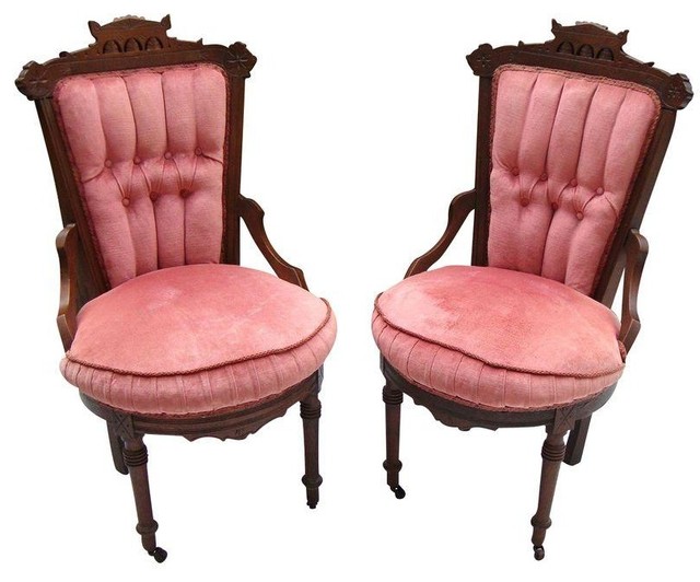 Antique Victorian Eastlake Velvet Chairs - A Pair