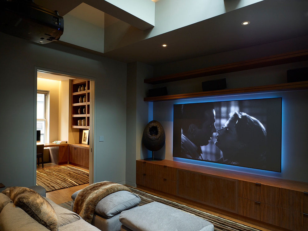 Inspiration for a large contemporary home theatre in New York.