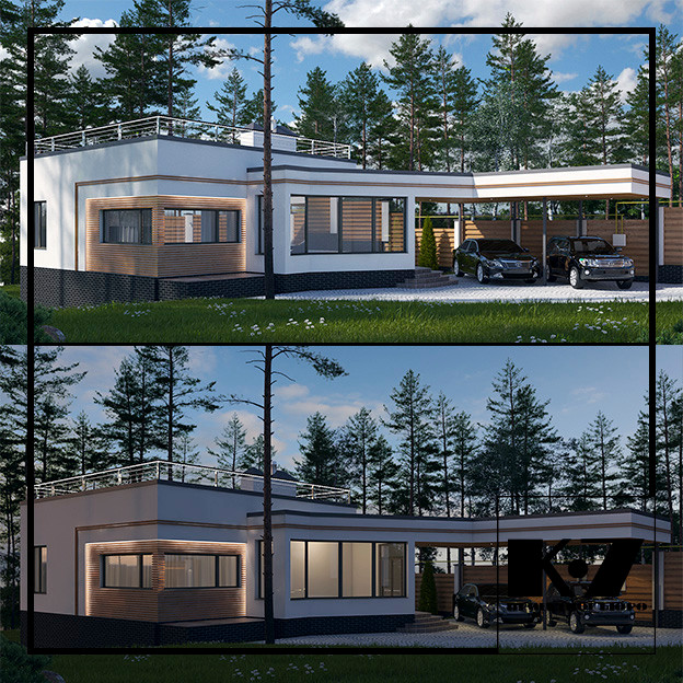 Экстерьер гостевого дома с консольным навесом на две машины и забором